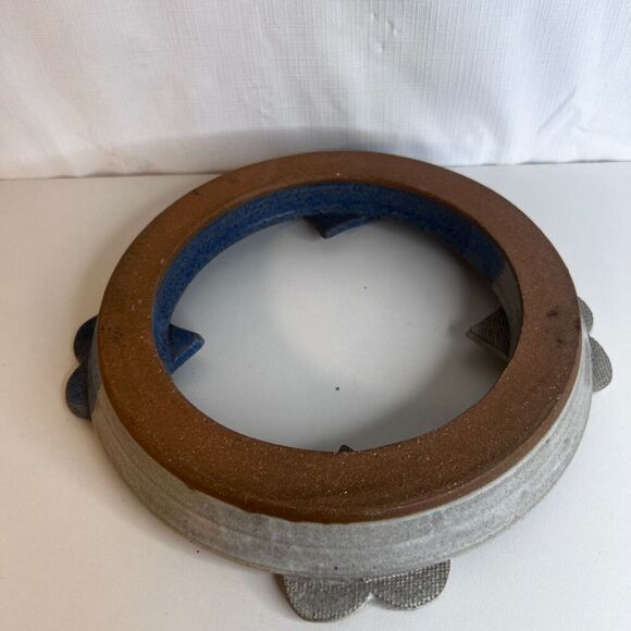 Handcrafted Pottery Ring w/ Four Heart Taper Candle Holders Two Tone Blue Decor - Picture 6 of 7